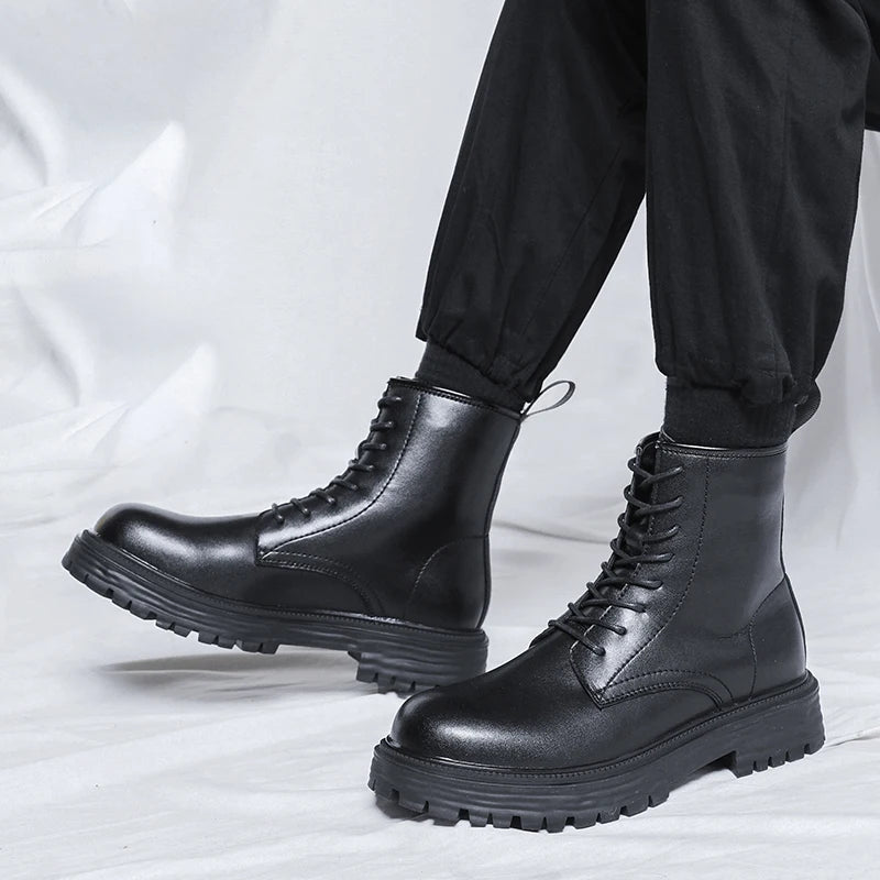 men fashion motorcycle boots black tide lace-up platform shoes cowboy genuine leather boot street cool high top botas masculinas