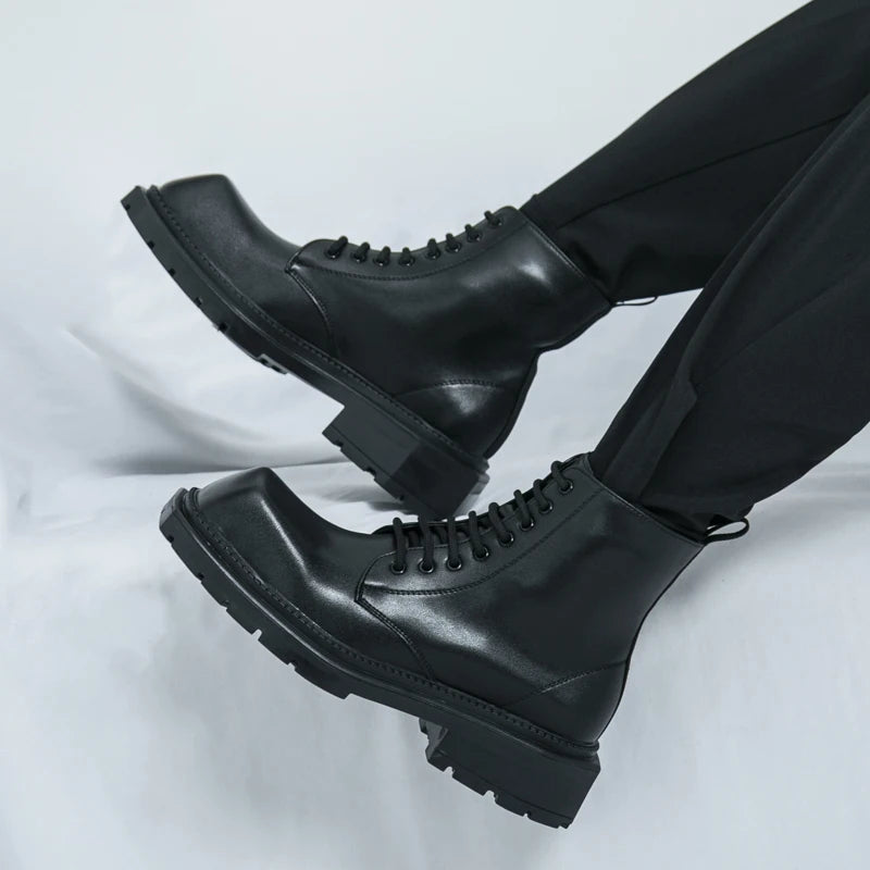 Large Men's Autumn High Top Casual British Motorcycle Shoes, Retro Trendy Brand Height Increasing Big Head Leather Boots