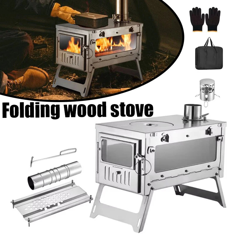 Stainless Steel Portable Tent Stove Foldable with Side Glass Chimney Burner Camping Wood Stove Heating Cooking Grill