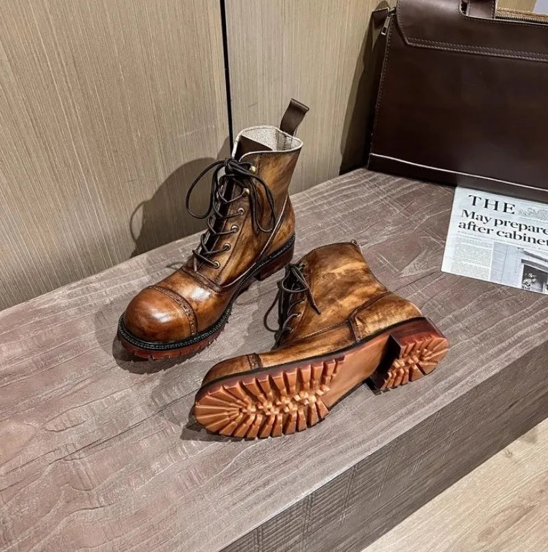 Vintage Mens Round Toe Lace Up High Top Work Safety Shoes Cowhide Genuine Leather Ankle Boots British Motorcycle Riding Boots 45