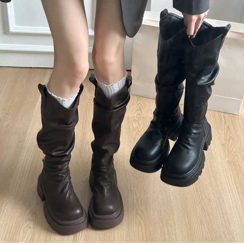 Size 35-42 Big Round Toe Punk Block Heel Motorcycle Boots Platform Lace-Up Mid Calf Work Boots Cool Fashion Boot