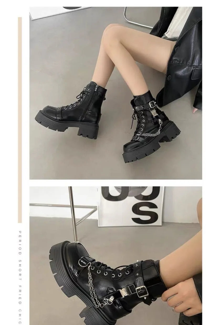 Women's Ankle Boots Fashion Gothic Platform Botas British Short Boot Motorcycle Boots for Women Designer Rivet Punk Boots Botas