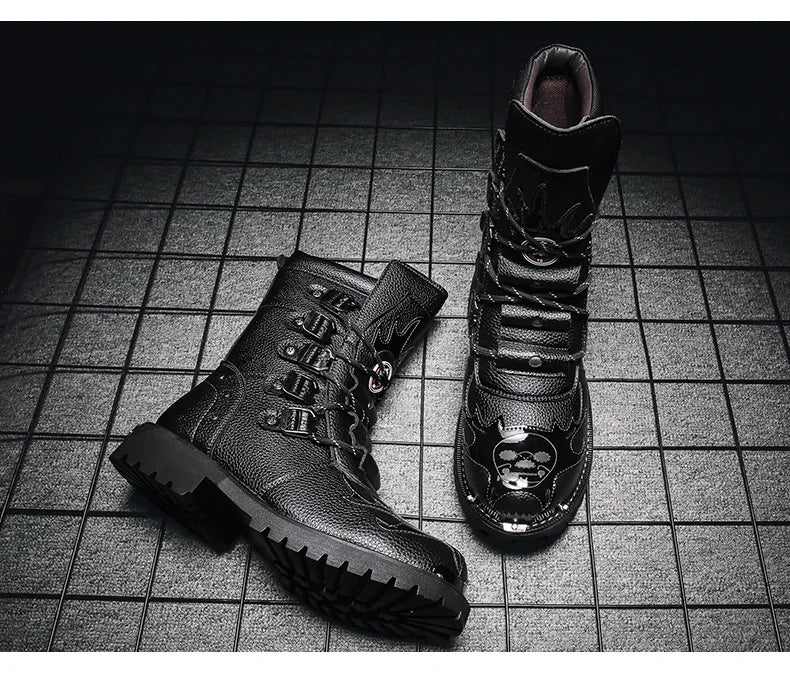 Men Motorcycle Boots Fashion Mid-Calf Punk Rock Punk PU Leather Black High Top Mens Casual Boot Steel Toe Shoes Big Size 38-46