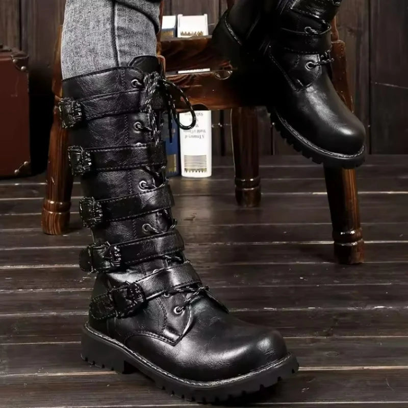 Men's Leather Motorcycle Boots Mid-calf Boots Gothic Belt Rock Punk Shoes Outdoor Black Casual Boot Winter Large Size Men Boots