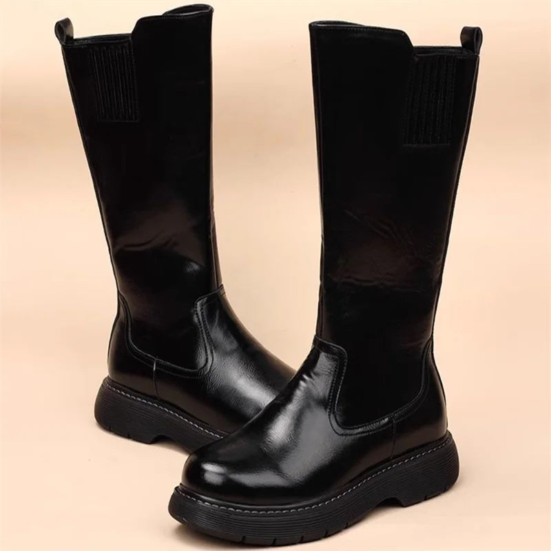 Size 38-43 Top Quality Mid Calf Punk Style Motorcycle Riding Boots Men Shoes Fall Winter Flat Heels Long Boots Male