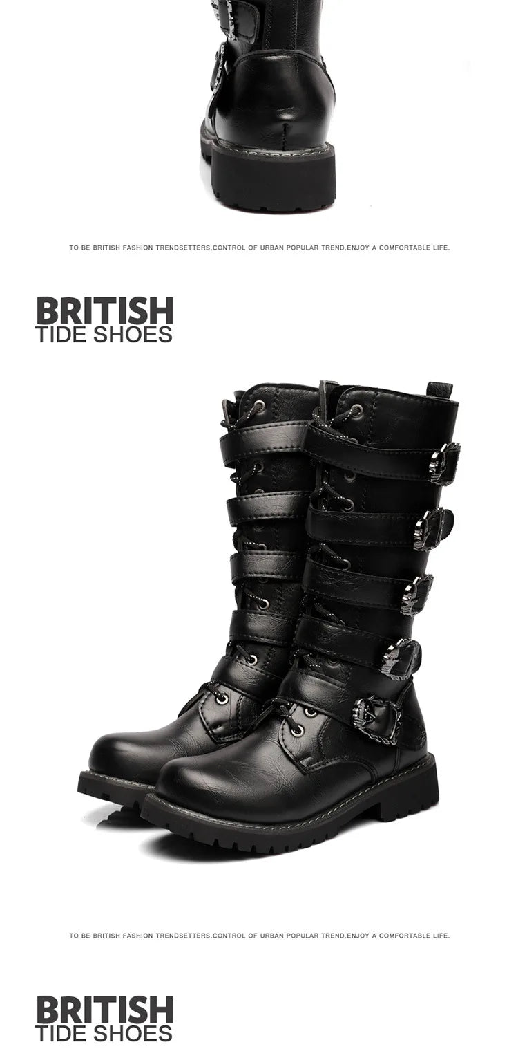 Men Winter Motorcycle Boots Mid-Calf Punk Rock Punk Shoes Mens PU Leather Black High Top Casual Boot Man Motorcycle Boots