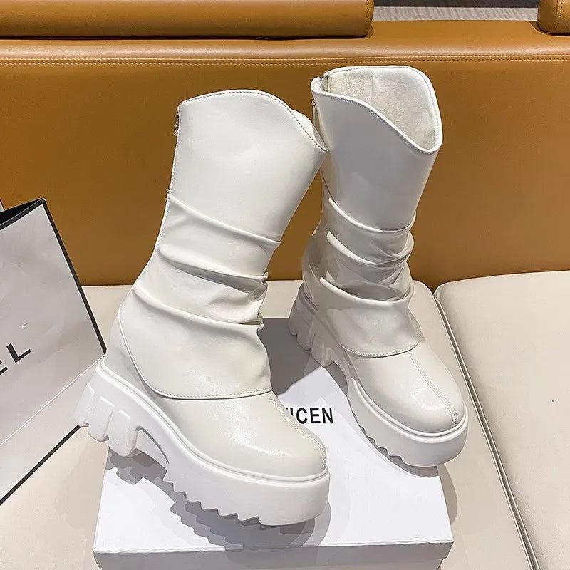 9CM Women Mid Calf Boots Autumn Winte Soft Leather Motorcycle Boots High Platform Square Heels Ladies Chunky Shoes Botas Mujer