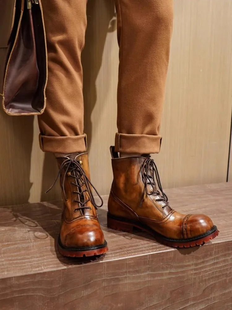 Vintage Mens Round Toe Lace Up High Top Work Safety Shoes Cowhide Genuine Leather Ankle Boots British Motorcycle Riding Boots 45