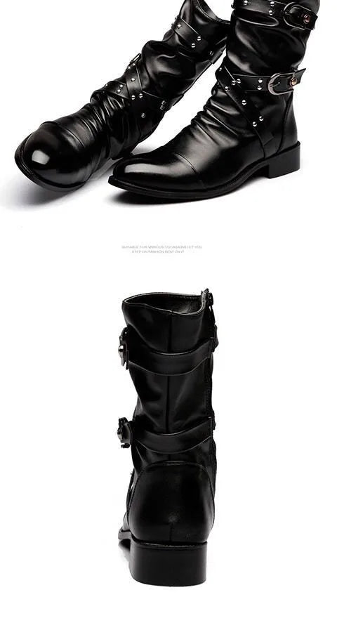 Winter Pointed Toe Men's Mid-calf Boots Buckle Strap Chelsea Boot for Men Leather Mens Motorcycle Boots High Top Man Winter Shoe