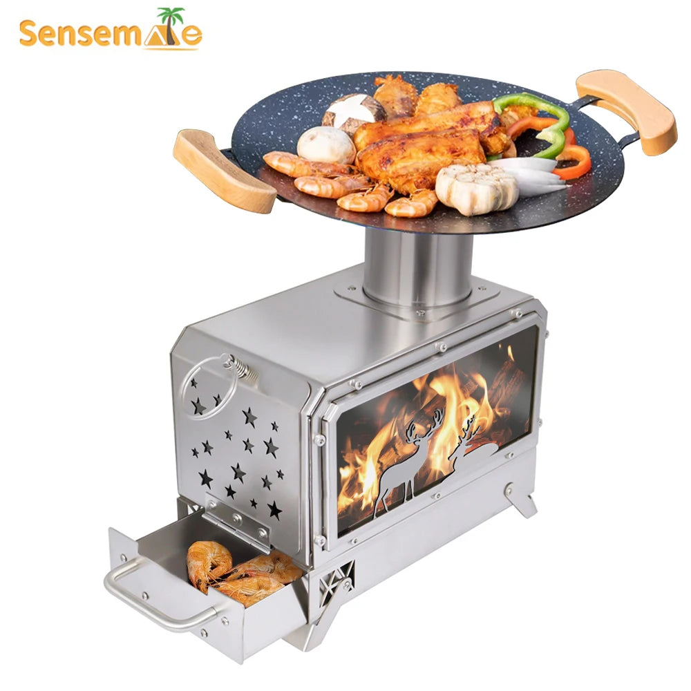 Portable Stainless Steel Wood Stove Camping Oven with Glass Window Folding Rocket Stove Mini Drawer for BBQ Grill Garden Hiking