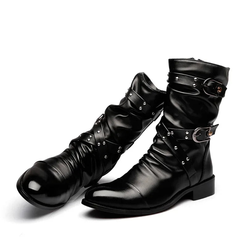 PU Leather Men Motorcycle Boots Men's Riding Hunting Walking Shoes Autumn Winter Mid-Calf Boots High Top Boots