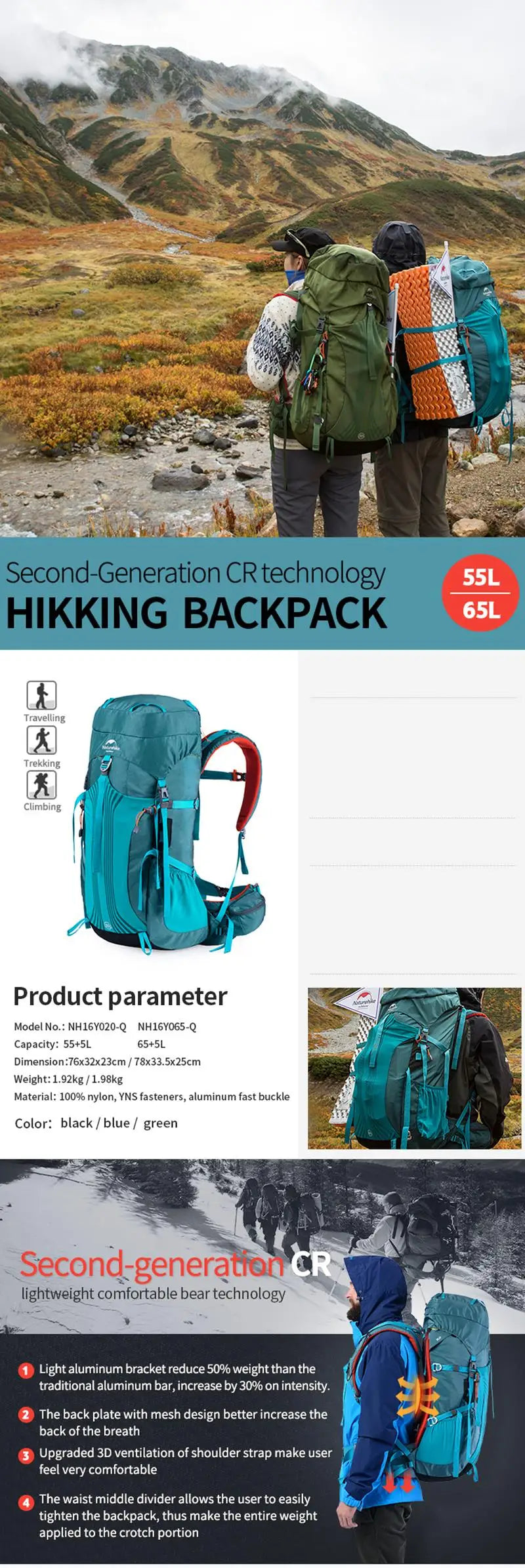 Naturehike 45L 55L 65L Hiking Backpack Outdoor Travel Climbing Camping Bag with Suspension System Waterproof Trekking Rucksack