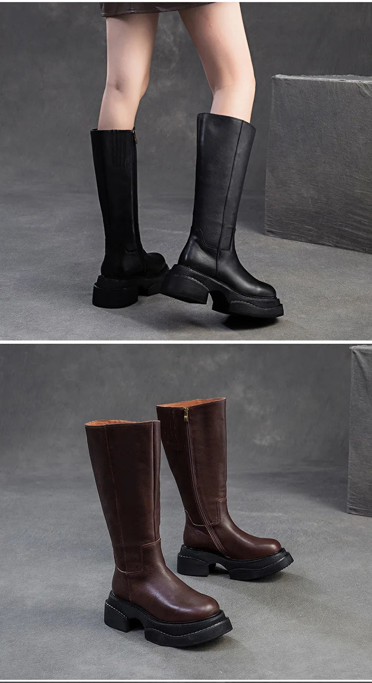 6.5cm Cow Genuine Leather Women Ankle Knee Motorcycle Booties Boots Chunky Heels Platform Wedge Shoes Chimney High ZIP Spring