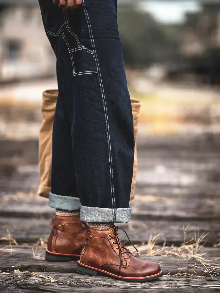 Fashion Motorcycle Boots Men's Casual Leather Shoes Retro Style Work Shoes Outdoor Men Big Head Lace Up Ankle Boot Plus Size 48