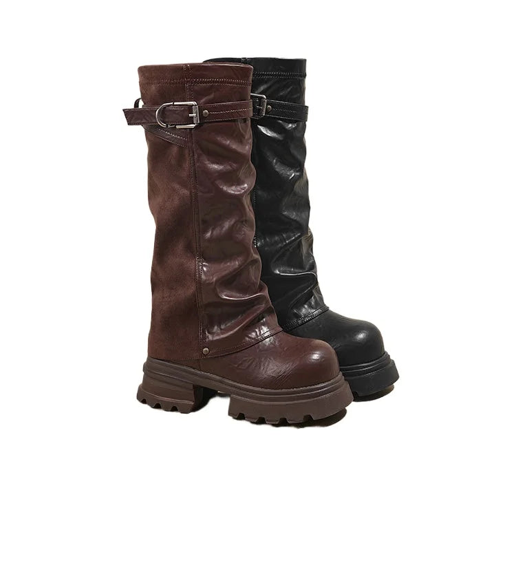 Fujin 8cm Knee High Boots Sexy for Women Platform Heel Motorcycle Booties Punk Genuine Leather Autumn Comfortable Chunky Shoes