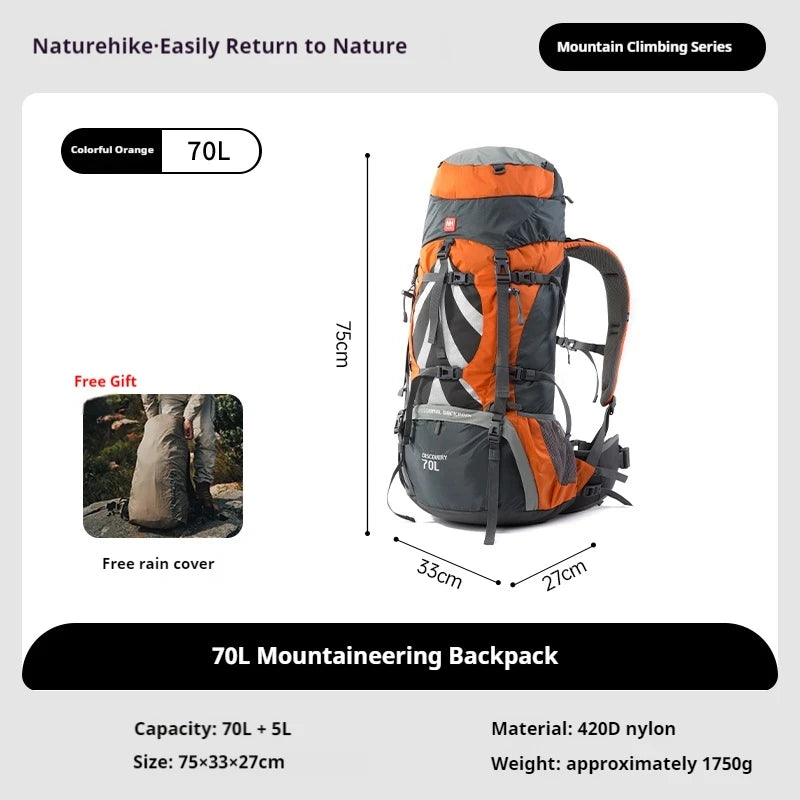 Naturehike 70+5L Backpack Camping Hiking Trekking Backpacking Lightweight Travel Bag With Aluminium Alloy Frame Waterproof Cover