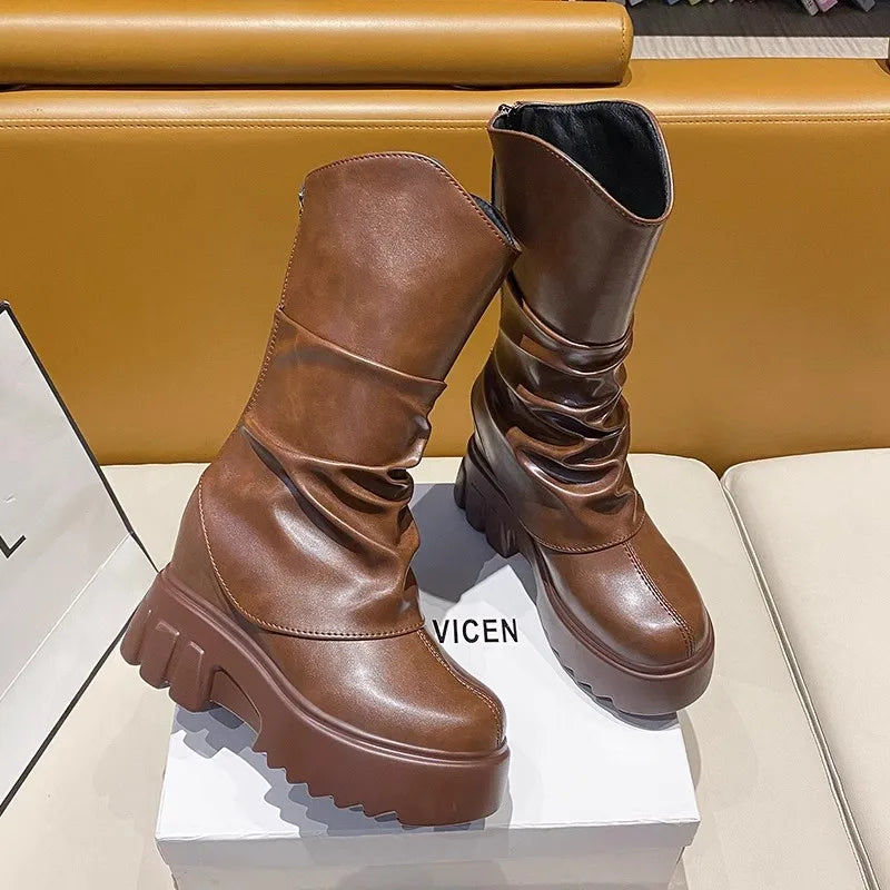 9CM Women Mid Calf Boots Autumn Winte Soft Leather Motorcycle Boots High Platform Square Heels Ladies Chunky Shoes Botas Mujer