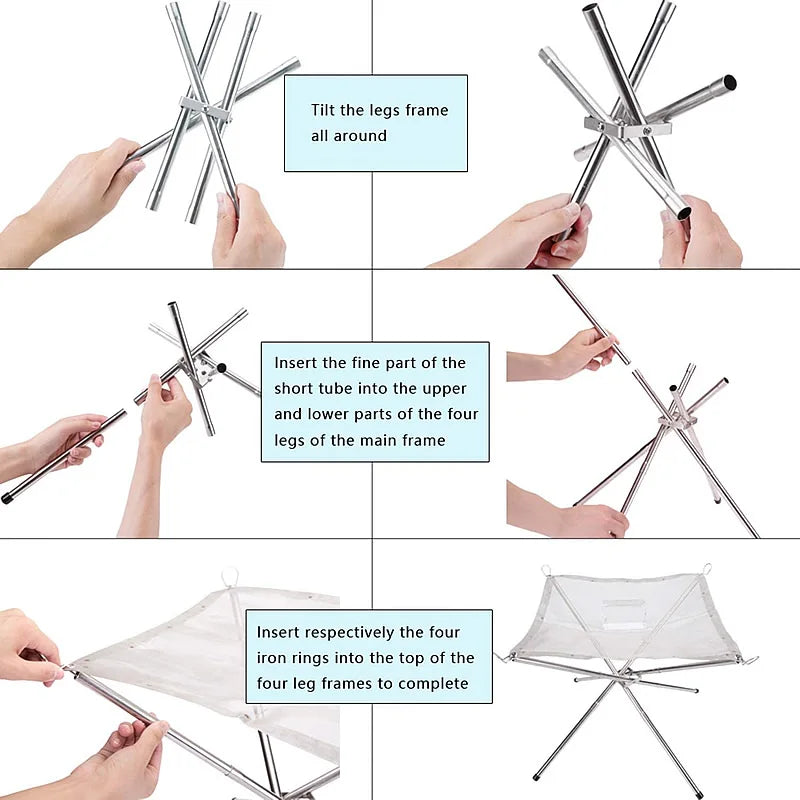 Outdoor Fire Pit Burning Rack Camping Stainless Steel Mesh Fireplace Foldable Stove BBQ Grill Patio With Replace Grilled Net