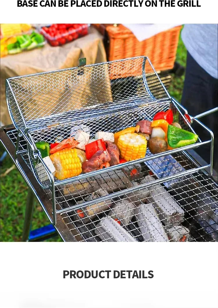 Stainless Steel Rolling BBQ Grill Manual Rotating Barbecue Cage with Base Rotisserie Basket Roll Barbecue Cage Outdoor Roaster