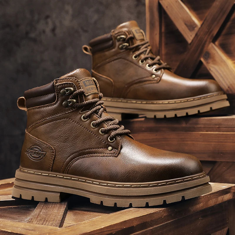 Autumn Winter Motorcycle Boots Handmade Vintage Mens Walking Shoes Casual Leather Ankle Boots Round Toe Lace-up Outdoor Footwear