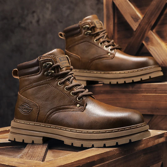 Autumn Winter Motorcycle Boots Handmade Vintage Mens Walking Shoes Casual Leather Ankle Boots Round Toe Lace-up Outdoor Footwear