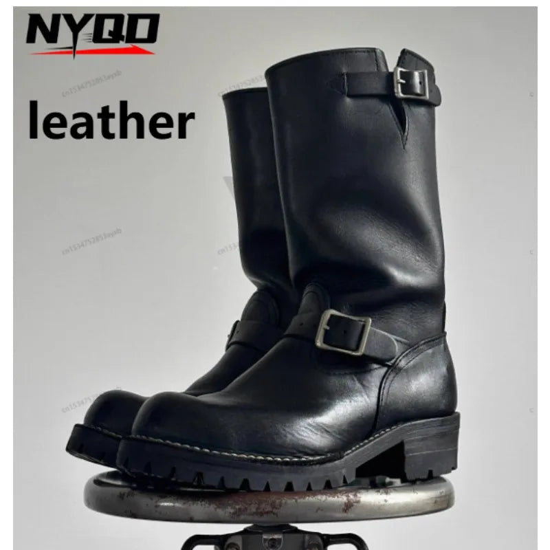 Retro Motorcycle Boots Men's Black Knight Shoes Black Leather Belt Buckles Chelsea Boots Trendy Luxury Handmade Men's Shoes