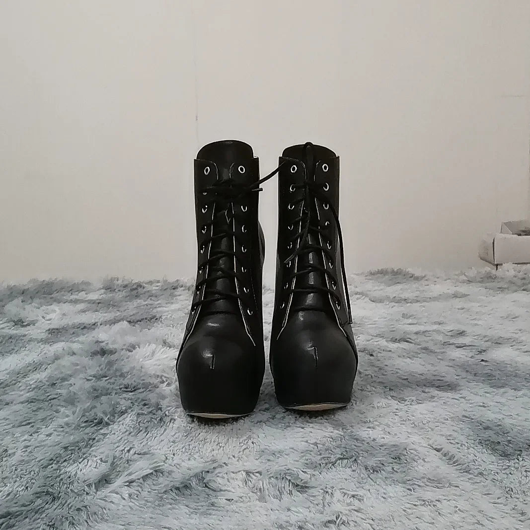 Women Ankle Boots Autumn Winter Sexy Round Toe Pole Dance High Heels Pumps Fashion Zip Lace-Up Chelsea Shoes Female Big Size 43