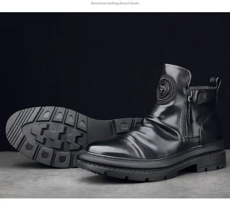 Men's Motorcycle Leather Boots British Style Round Head High Top Shoes Side Zip Walking Casual Platform Boots Bota Masculina