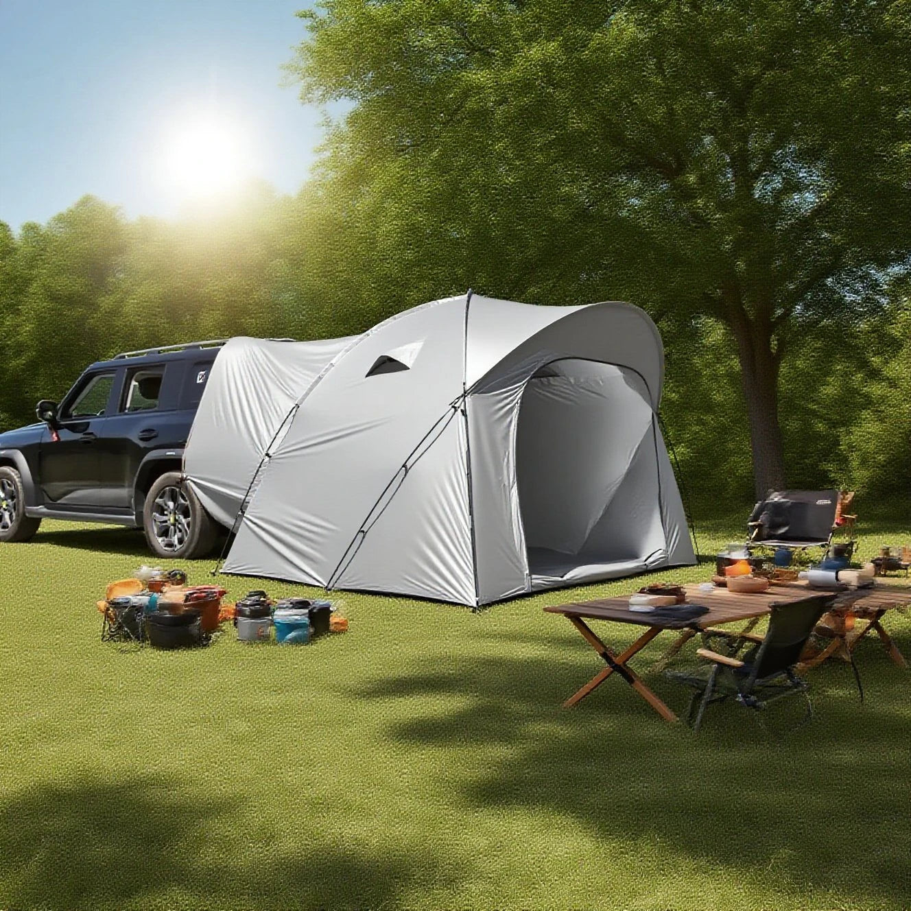 3-4 Person SUV Camping Tent PU4000 Waterproof with Mesh Bug Door, Cross-Ventilated Quick-Pitch Design, Built-In Floor