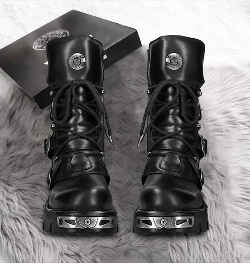 Unisex Genuine Leather Motorcycle Boots Skull Gothic Punk Cowboy Boots Women Men Metal Decoration Platform Combat Mid-calf Boots