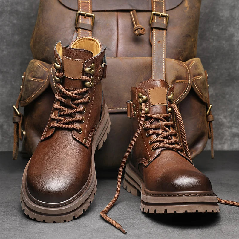 Top Quality Vintage Leather Men's Snow Boots Fashion Genuine Leather Man Ankle Boots Lace Up Outdoor Motorcycle Boots Walk Shoes