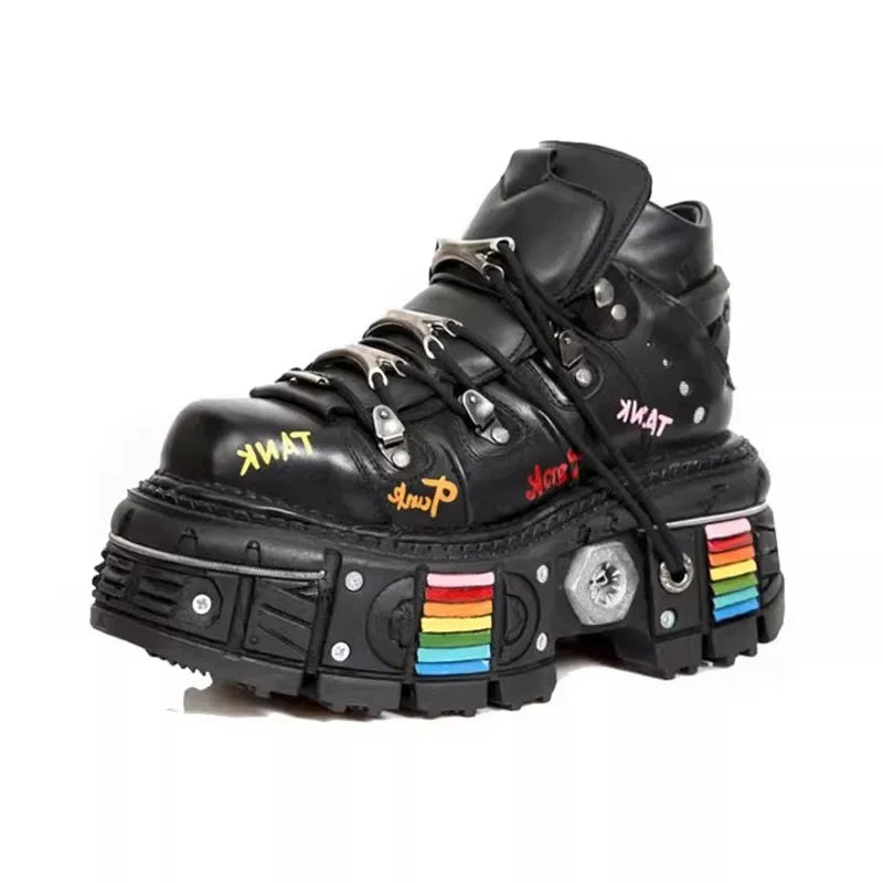 Fashion Men's Genuine Leather Punk New Motorcycle Boots Spanish Tank Metal High-Top Platform Women Handmade Ankle Shoes