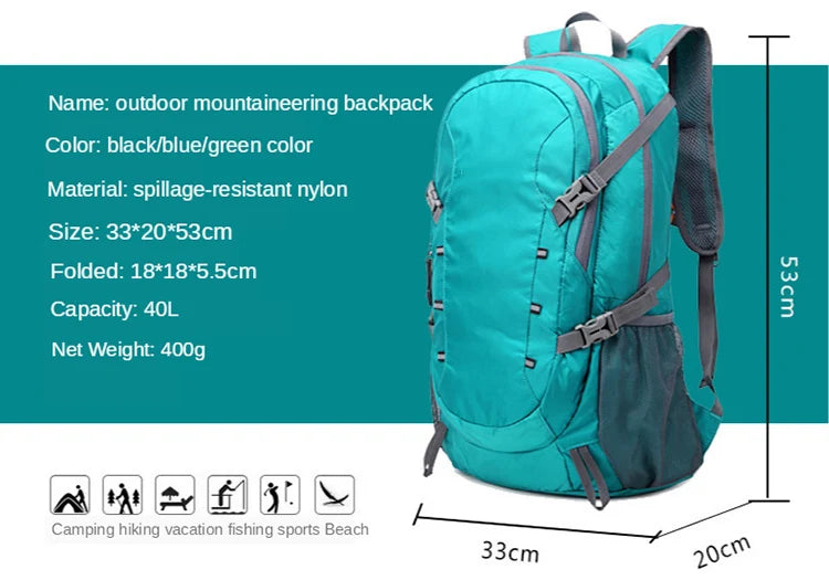 40L Outdoor Foldable Backpack Ultralight Waterproof Soft Camping Shoulder Pack Climbing Travel Mountaineering Hiking Cycling Bag
