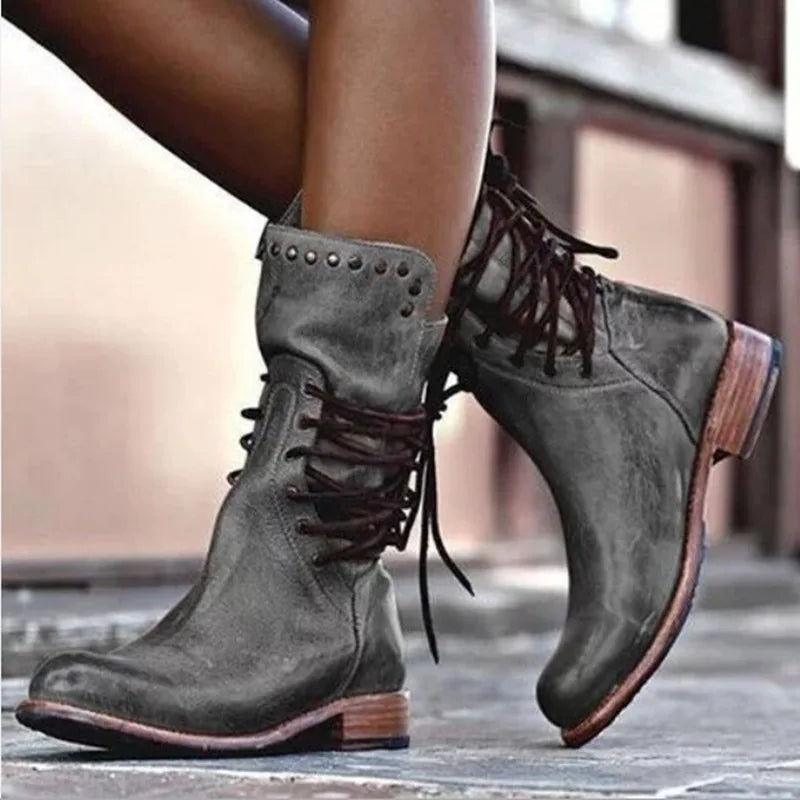 Retro Women's Boots Western Cowboy Boots for Women Mid-length Heel Womens Motorcycle Boots Rome Ladies Pu Leather Shoes Botines
