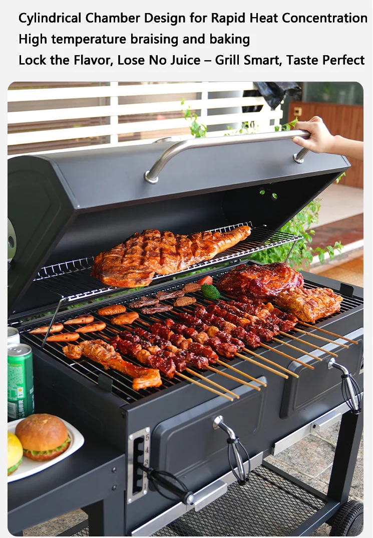 Portable Outdoor Bbq Wood  Grills Large Duty Charcoal Bbq Grill Trolley Smoker Barbecue Grill With Foldable Double Side Table