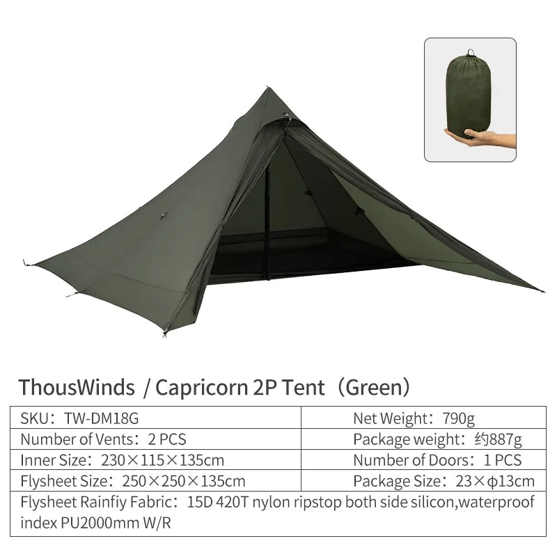 Thous Winds Capricorns 2 Person Tent Ultralight Hiking Tent Trekking Poles Tent 15D Ripstop Nylon Both Side Silicon Outdoor Tent