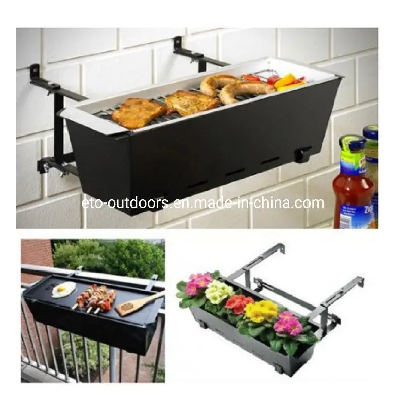 Stainless Steel Hanging BBQ Grill - Balcony Charcoal Barbecue Grill with Flower Pot Design for Outdoor Small Space Cooking