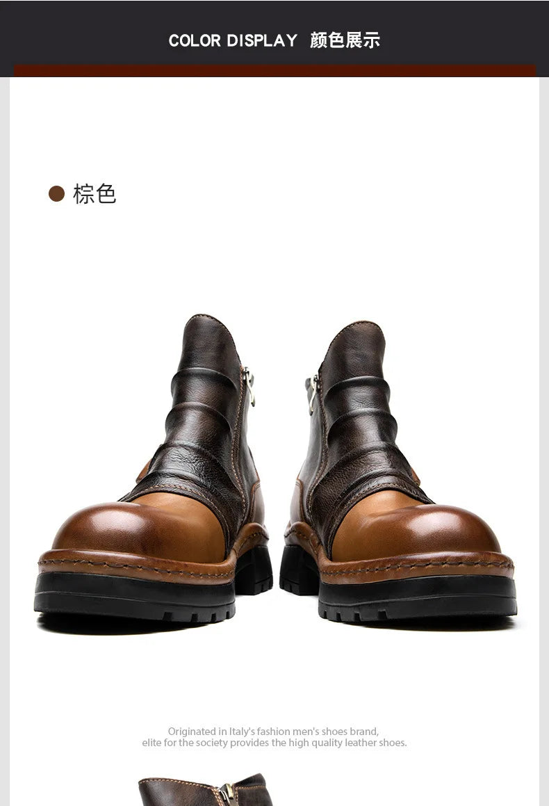 Brown Leather Motorcycle Boots Mens Round Head High Top Motorbike Boots Quality Moto Riding Shoes Thick Soled Summer Winter