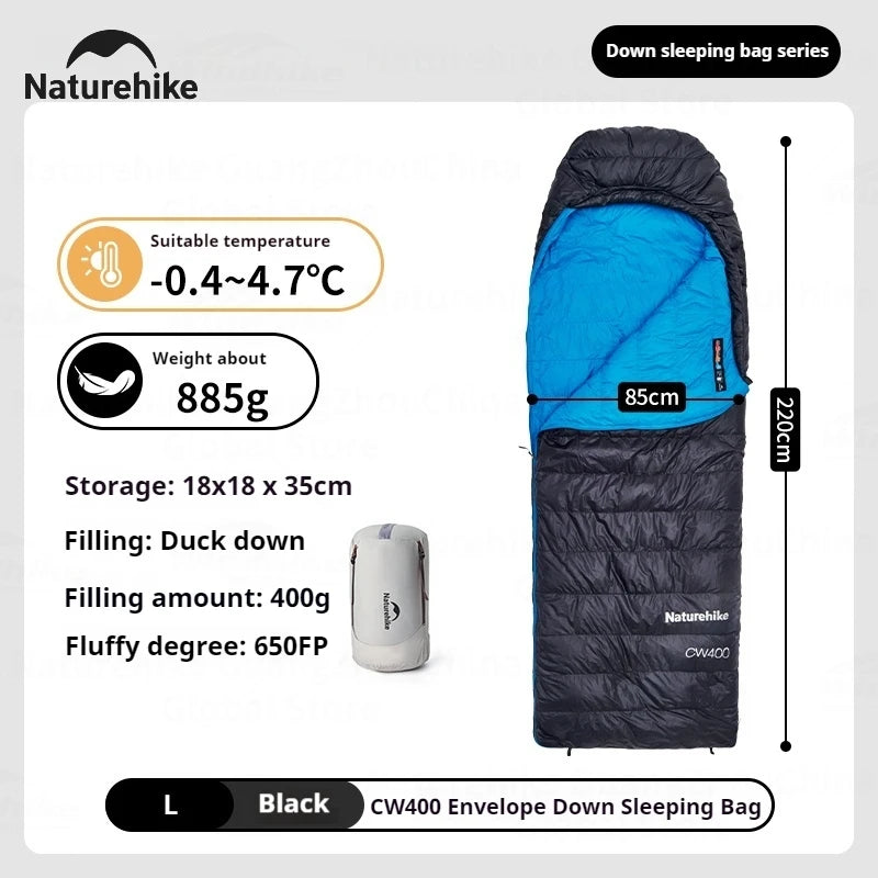 Naturehike CW400 Sleeping Bag Winter 650FP Duck Down Hooded Hiking Sleeping Bag 20D Nylon Waterproof Ultralight Envelope Warm
