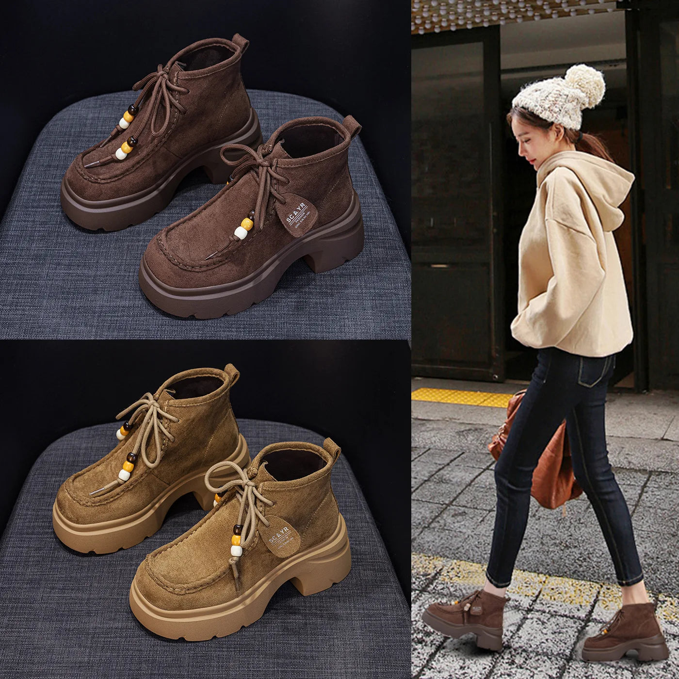 Fujin 8cm Platform Boots for Women Ankle Boots Fall Winter Riding Motorcycle Fashion Shoes Booties Short Boots Genuine Leather