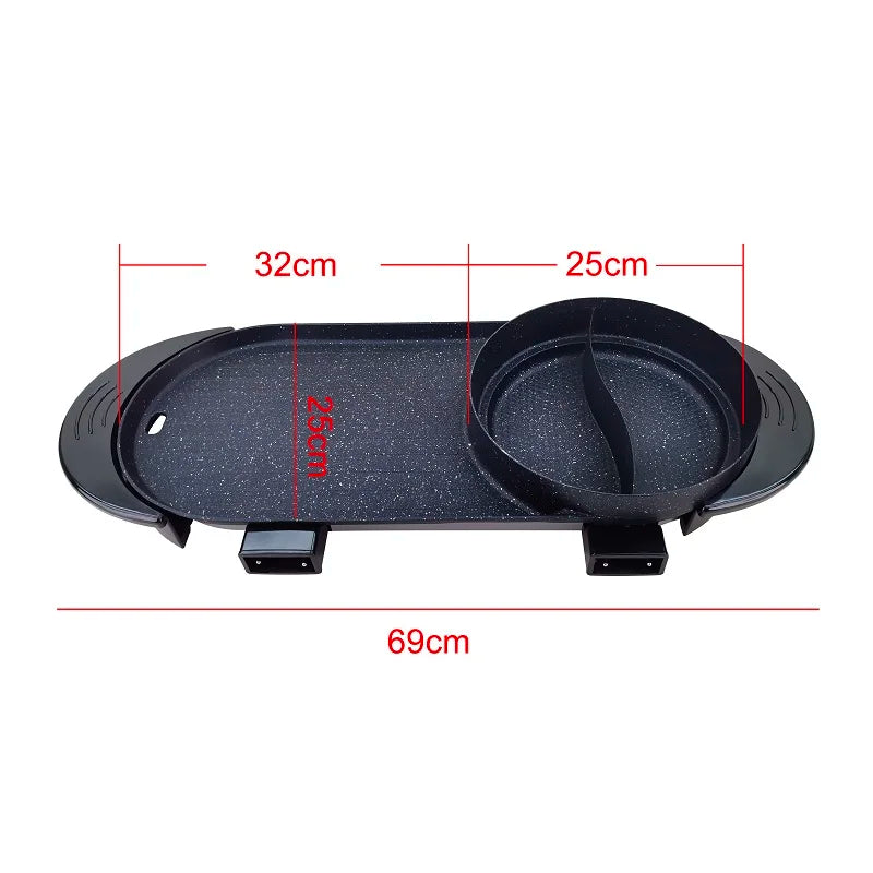 2200W Electric Barbecue Pot 2-in-1 Hot Pot Barbecue Pot Smoke-free Fast and Uniform Heating Independent Dual Temperature Control