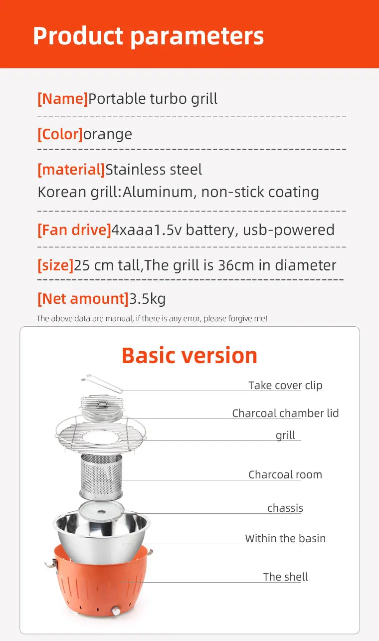New Design Portable Charcoal BBQ Grill Stainless Steel Turbo BBQ Grill Outdoor