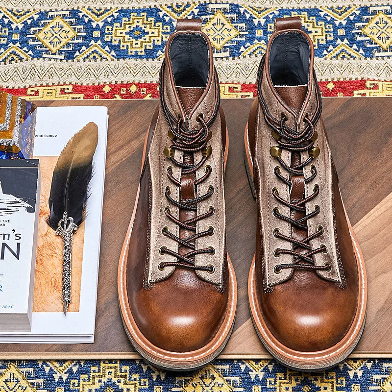 Retro Leather Men Motorcycle Boots High Top Motorbike Riding Boots Fashion Comfortable Ankle Boots Trekking Outdoor Shoes Brown