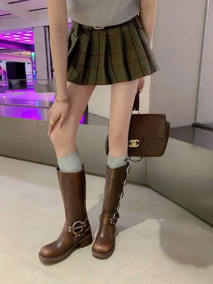 Metal Buckle Square Toe Knee High Boots Women Black PU Leather Punk Long Boots Woman Autumn 2025 Chunky Heels Motorcycle Booties