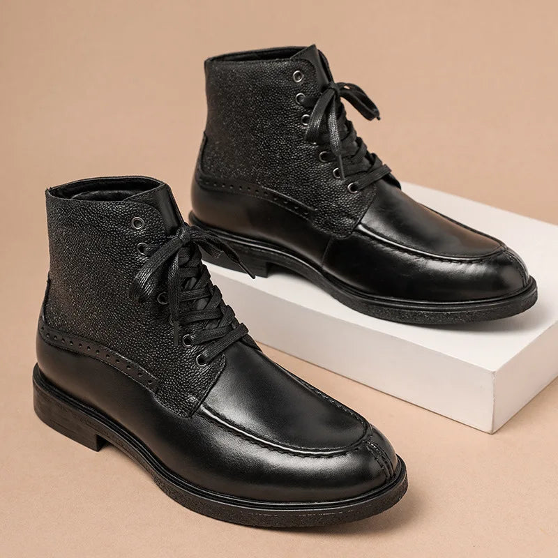 A028 Men's Boots Cow Genuine Leather Lace Up Man Shoes High Calf Male Footwear British New Winter Boots Motorbike Shoes Vintage