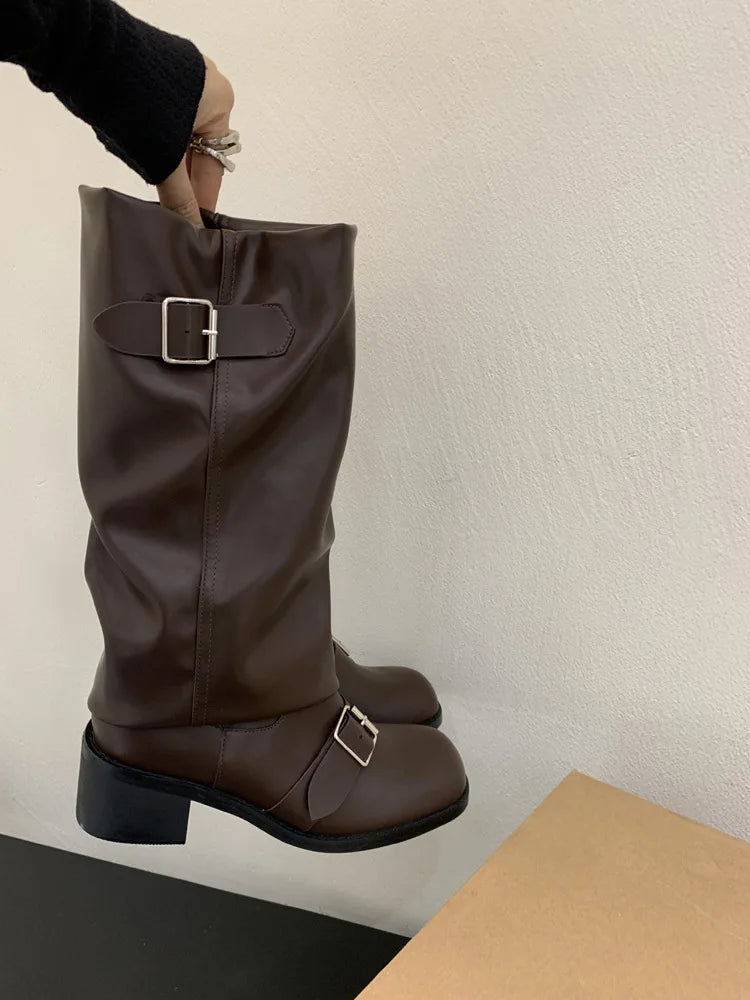 Woman Boots Knee High Platform Heels Trend Punk Gothic New Rock Leather Fashion Women Shoes Motorcycle Footwear Zapatos De Mujer