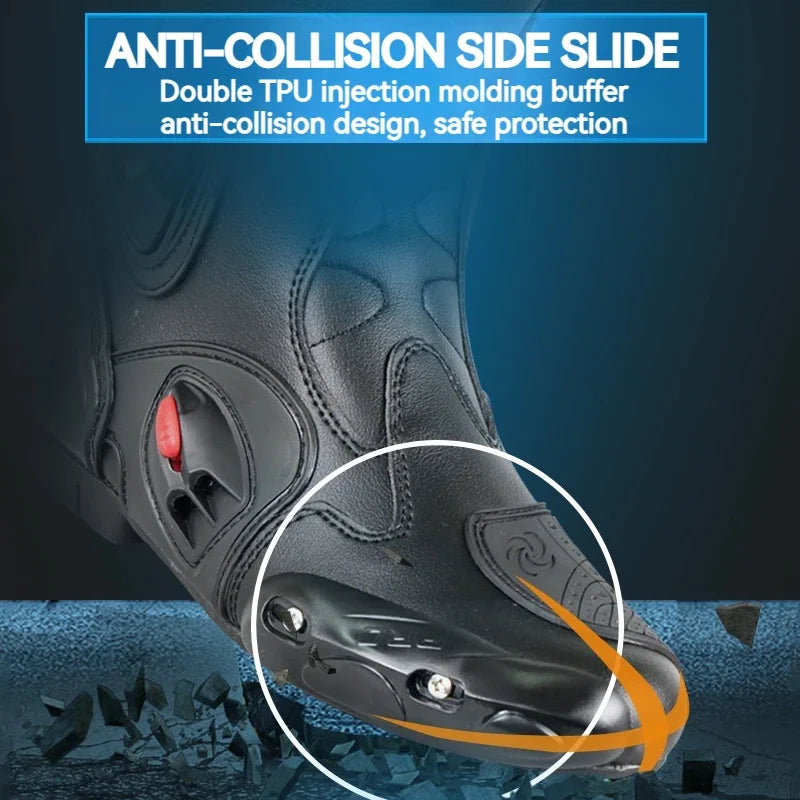 SPEED Botas Motorcycle Riding Boots for Men Rubber Sole Sport Bikes Ankle Protective Motorcycle Shoes with Zipper Closure