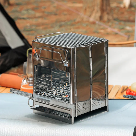 Wood Stove Portable Foldable Stainless Steel Camping Stove With Mini Charcoal Grill Lightweight Barbecue Grill
