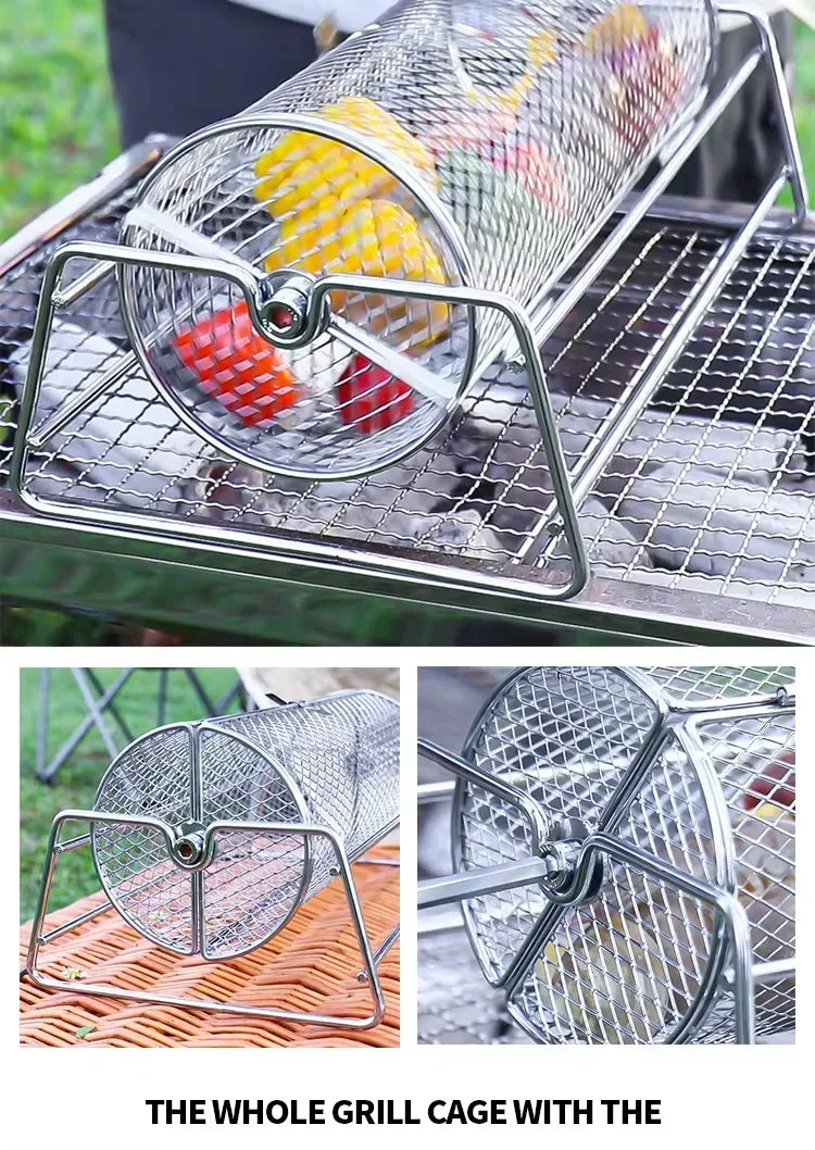 Stainless Steel Rolling BBQ Grill Manual Rotating Barbecue Cage with Base Rotisserie Basket Roll Barbecue Cage Outdoor Roaster