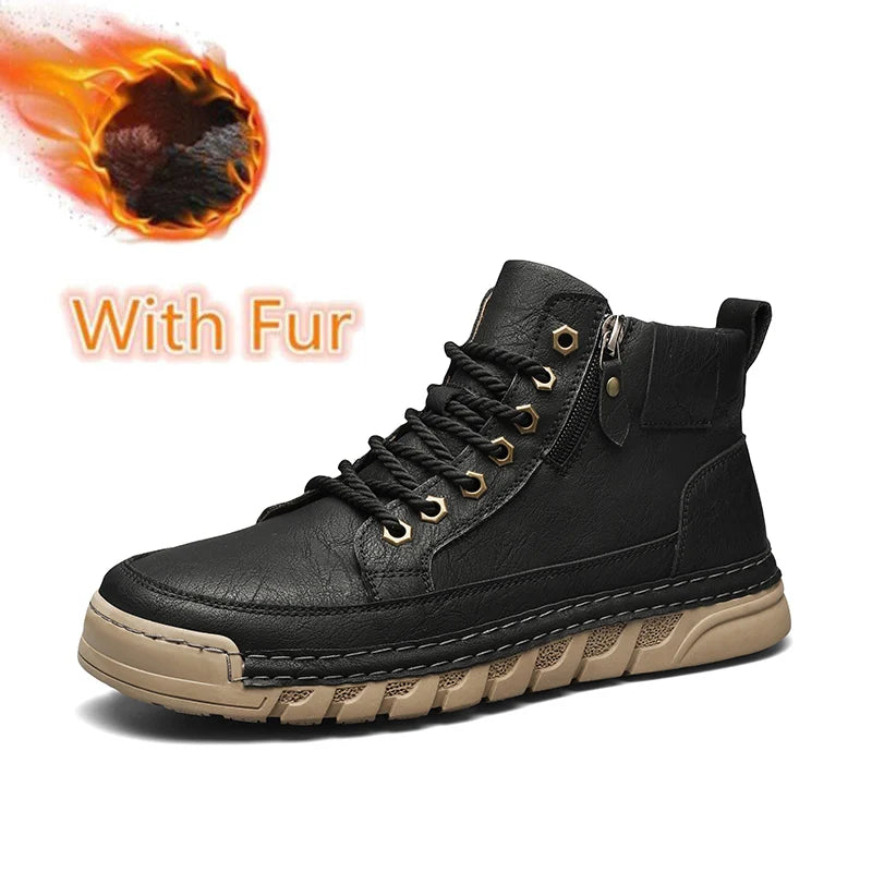 Men's High Top Leather Ankle Boots Comfortable Motorcycle Boots Non Slip Walking Training Shoes Botas Outdoor Treking Footwear